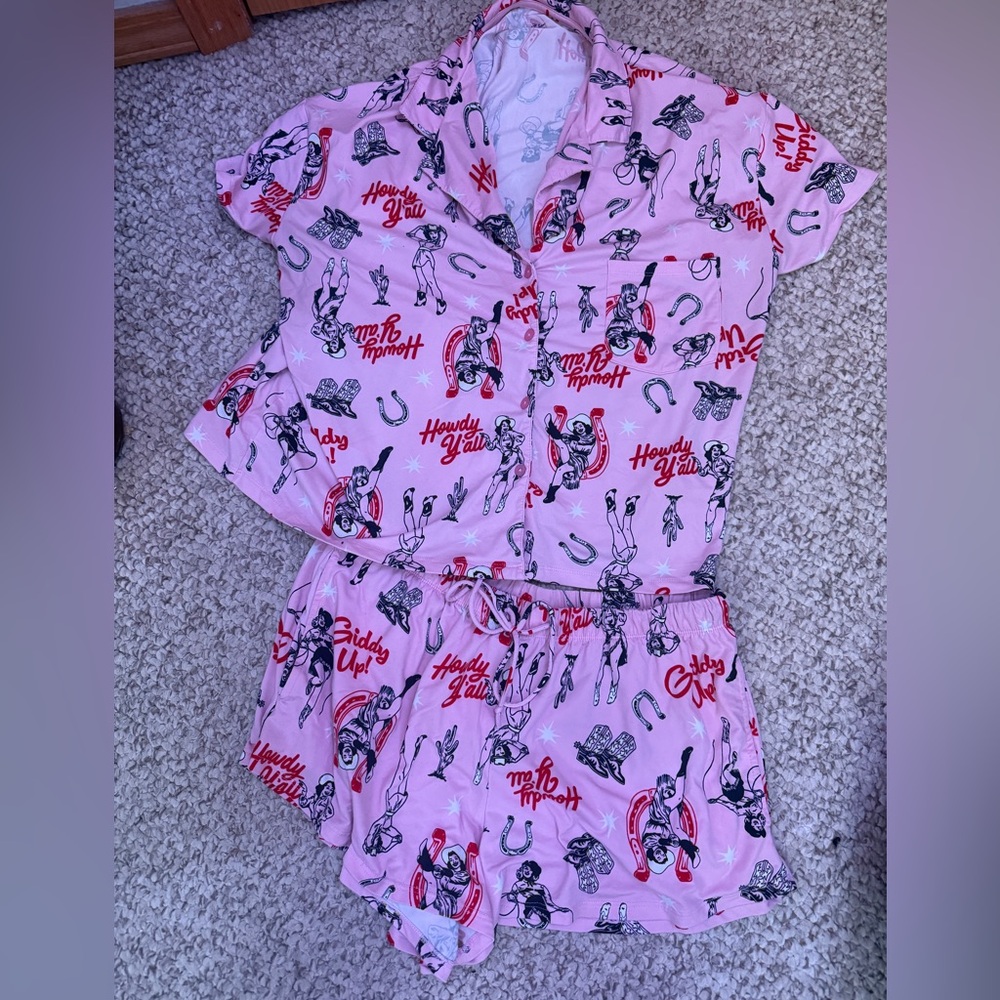 WOMENS Medium Pajamas Set Top Short Sleeve Button Down & Shorts Country Western